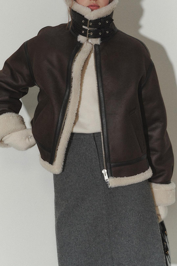 Dunst-Unisex loose fit line shearling jacket brown-dgallerystore
