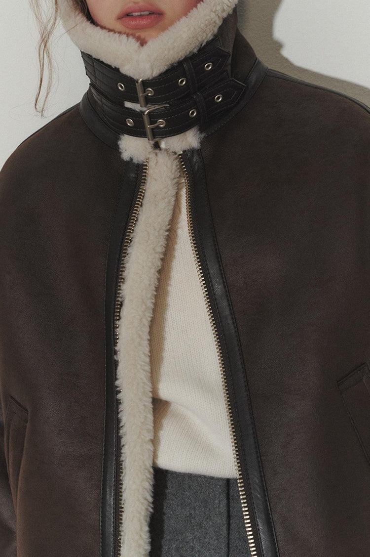 Dunst-Unisex loose fit line shearling jacket brown-dgallerystore