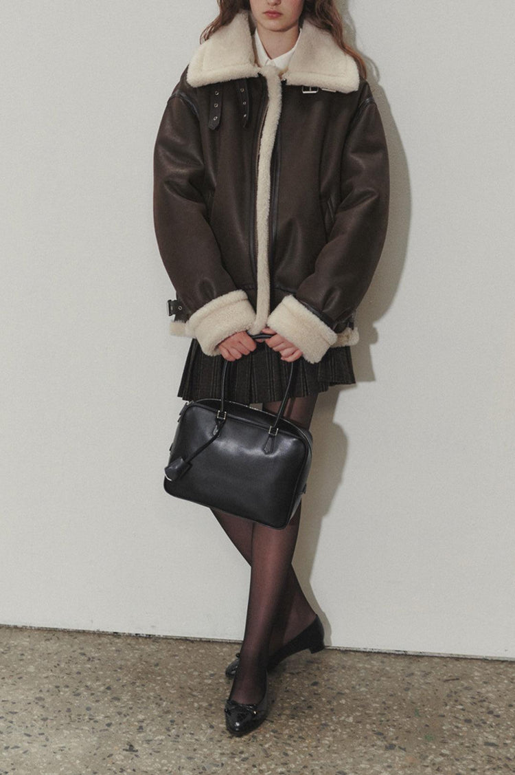 Dunst-Unisex loose fit line shearling jacket brown-dgallerystore