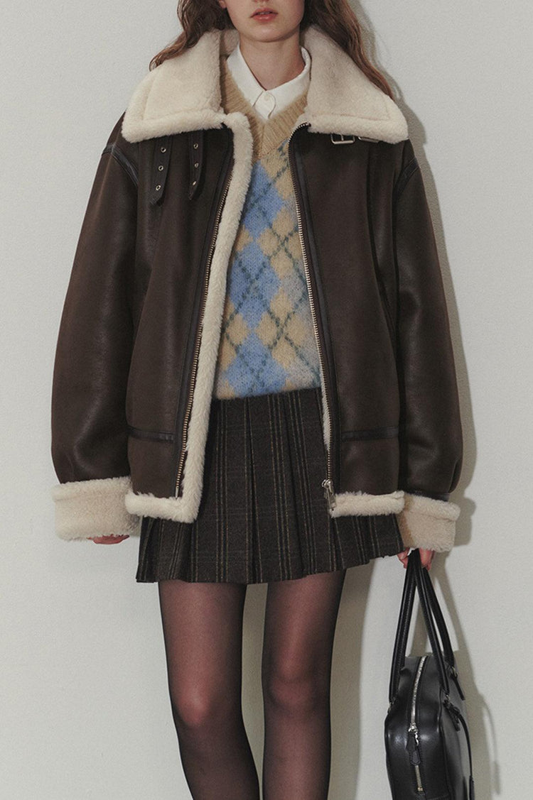 Dunst-Unisex loose fit line shearling jacket brown-dgallerystore