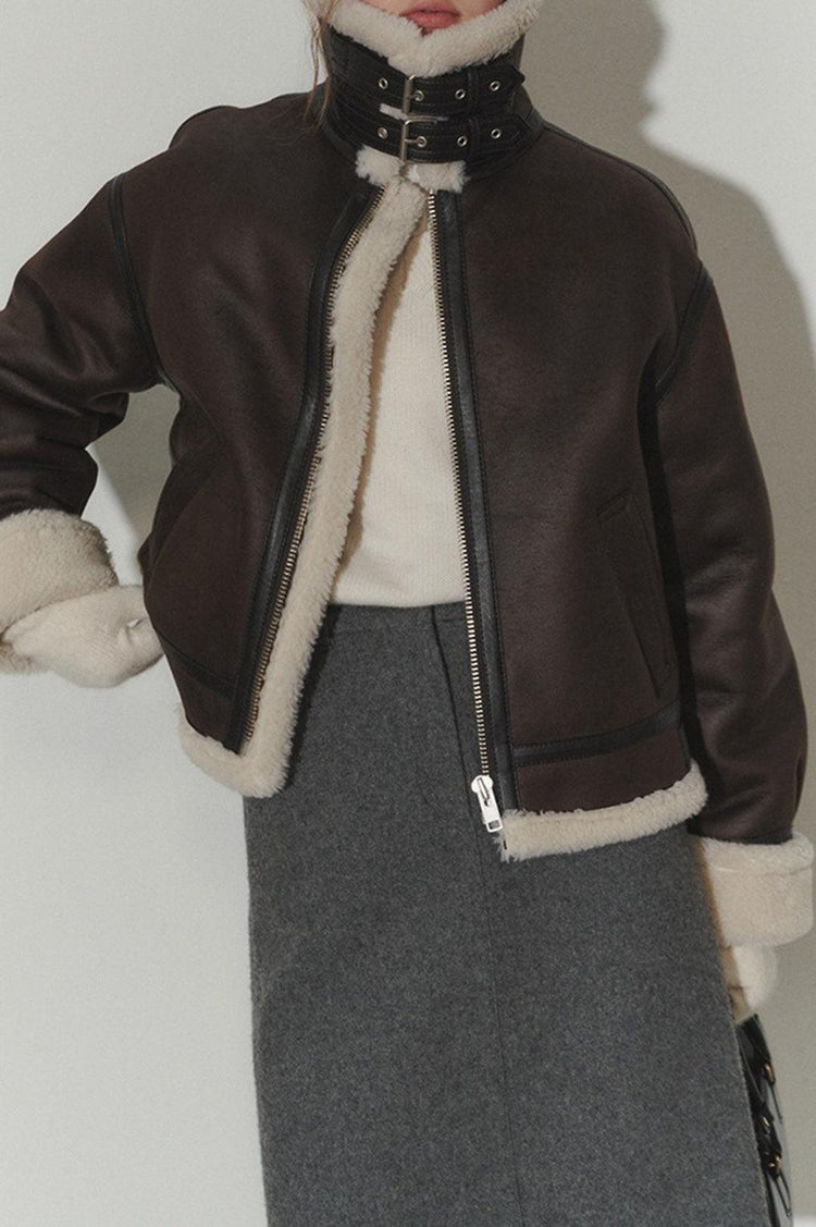 Dunst-Unisex loose fit line shearling jacket brown-dgallerystore
