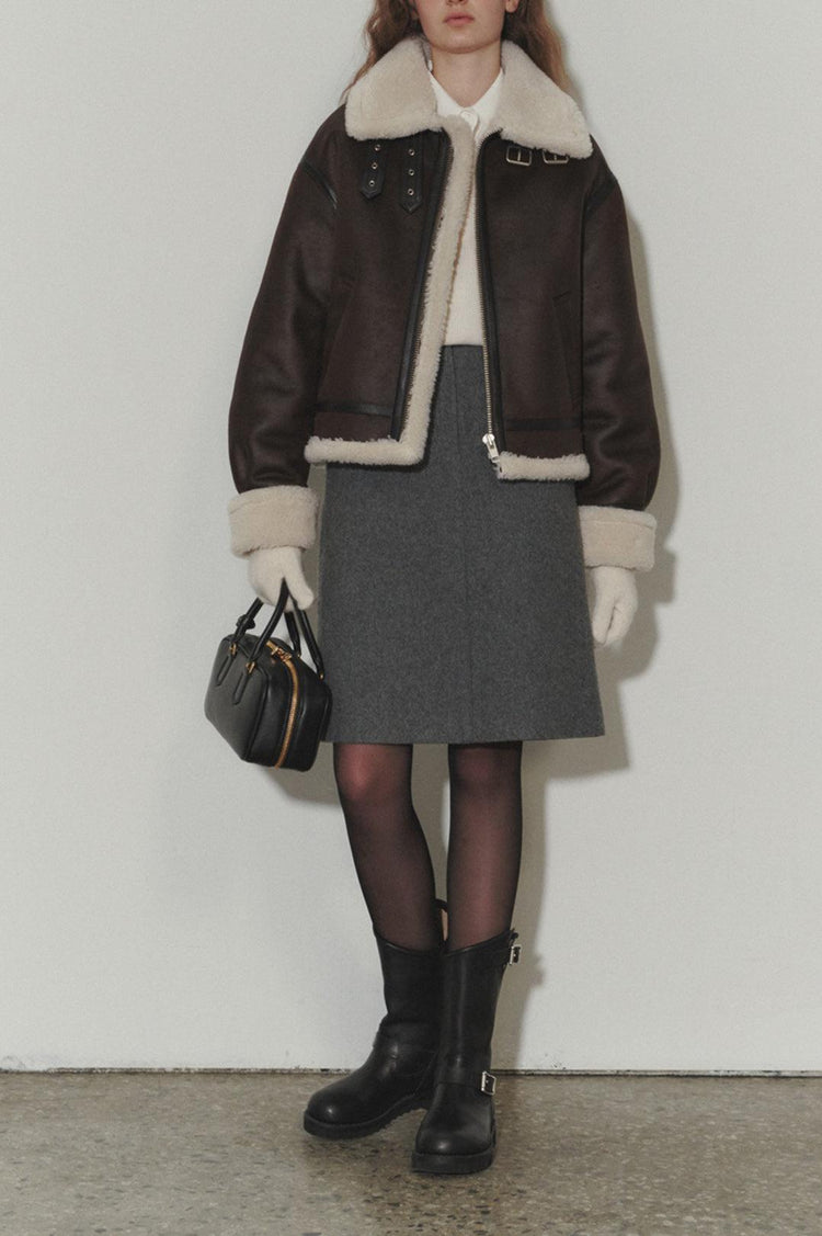 Dunst-Unisex loose fit line shearling jacket brown-dgallerystore