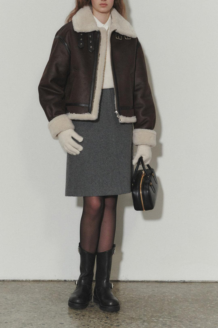 Dunst-Unisex loose fit line shearling jacket brown-dgallerystore