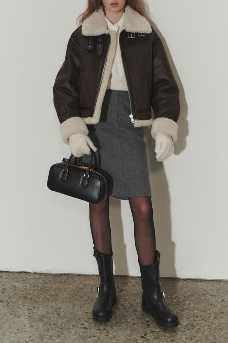 Dunst-Unisex loose fit line shearling jacket brown-dgallerystore