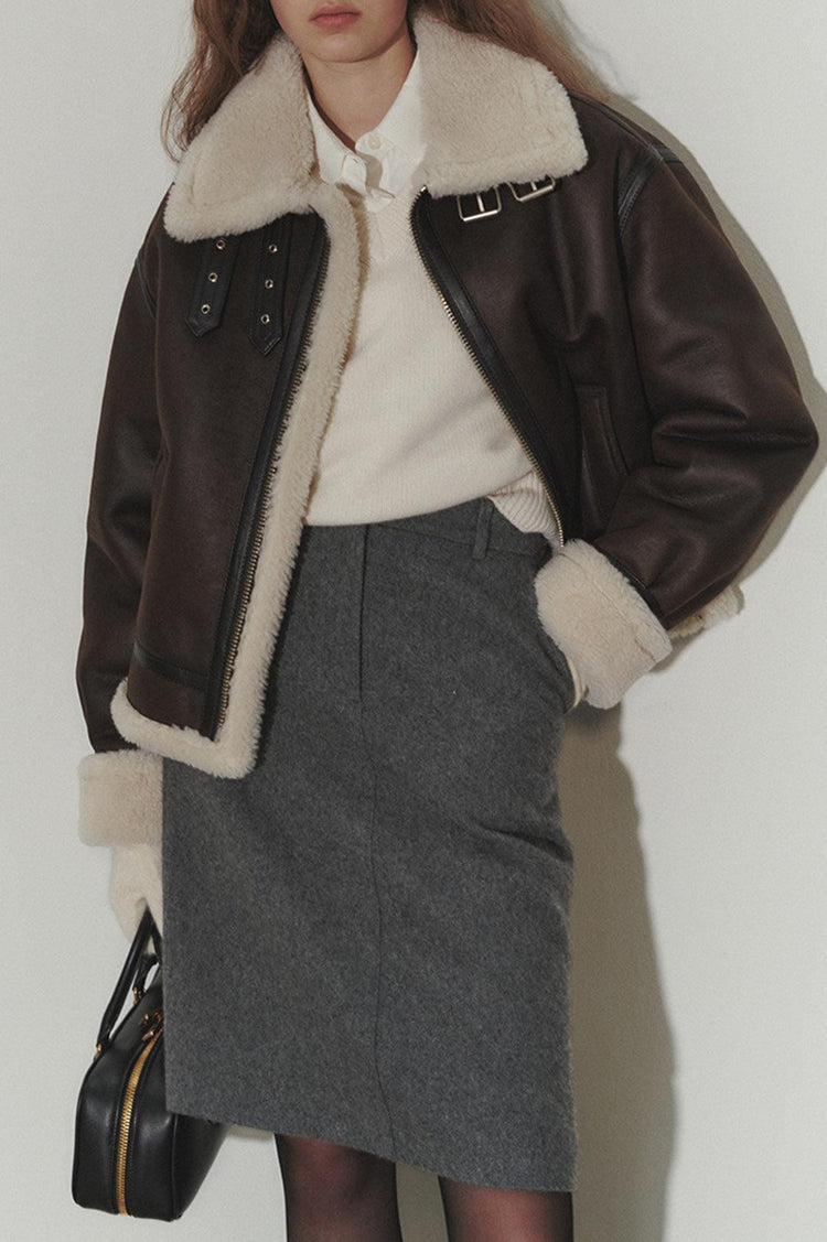Dunst-Unisex loose fit line shearling jacket brown-dgallerystore