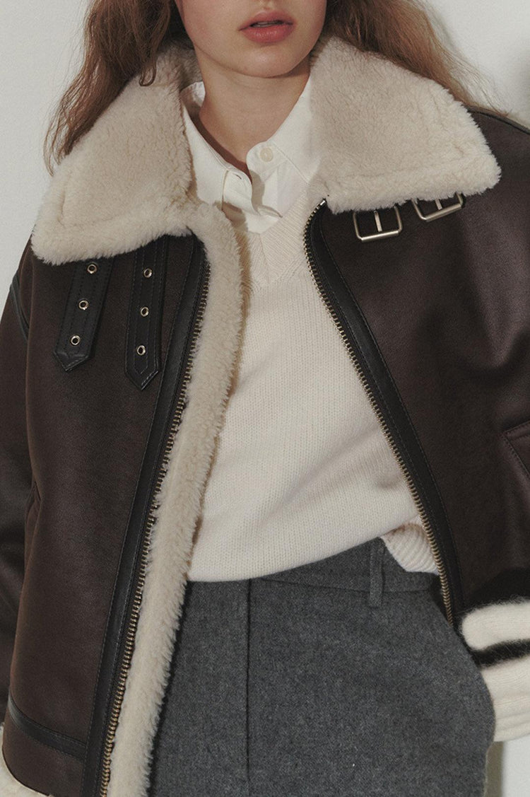 Dunst-Unisex loose fit line shearling jacket brown-dgallerystore