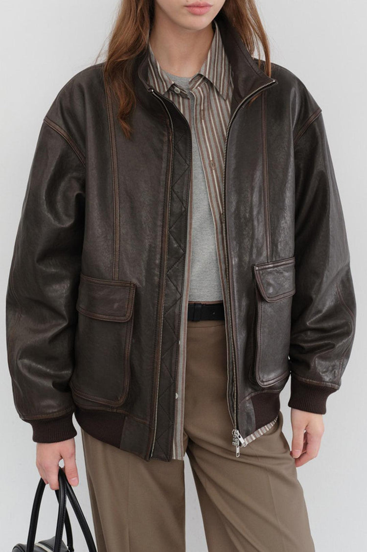 Dunst-Unisex stand collared leather blouson dark brown-dgallerystore