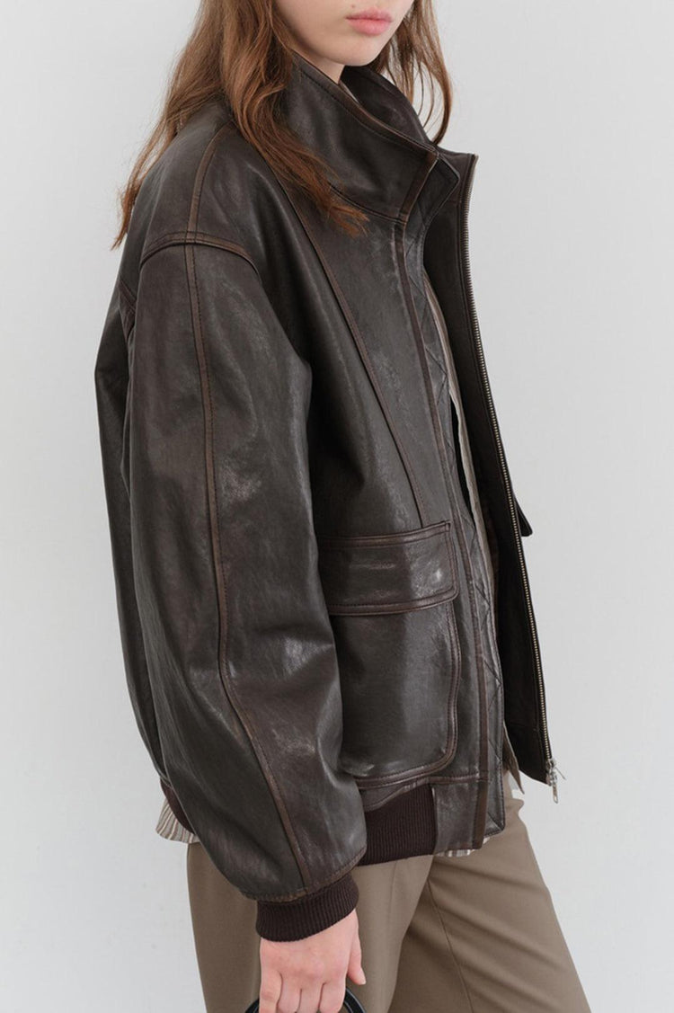 Dunst-Unisex stand collared leather blouson dark brown-dgallerystore