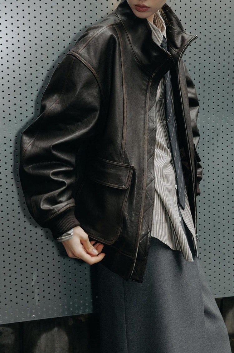 Dunst-Unisex stand collared leather blouson dark brown-dgallerystore