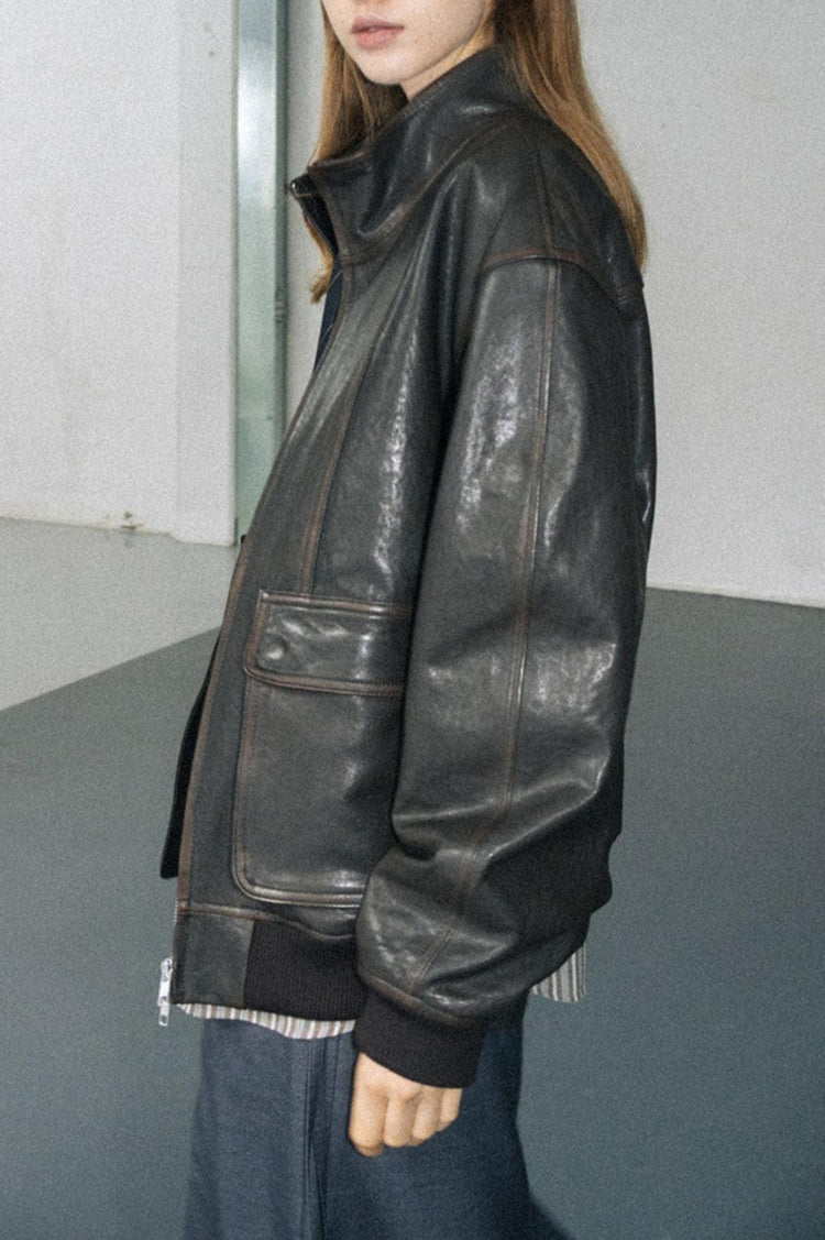 Dunst-Unisex stand collared leather blouson dark brown-dgallerystore