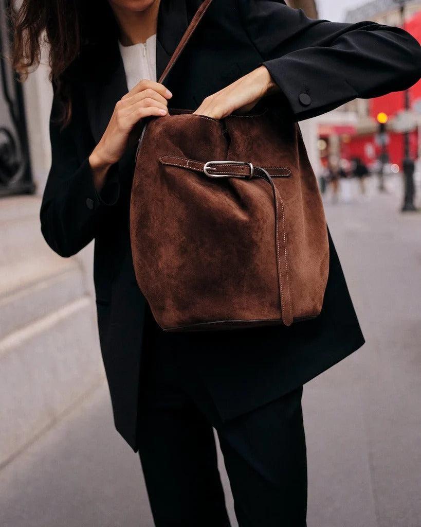 Liffner-Belted Bucket Bag Large Dark Brown Suede-dgallerystore