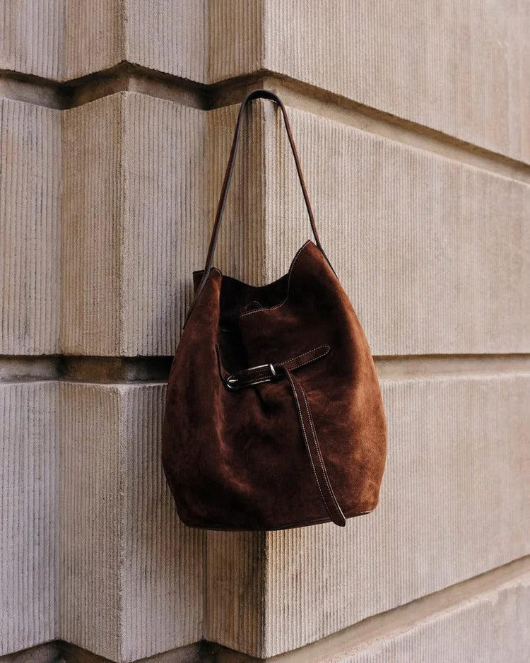 Liffner-Belted Bucket Bag Large Dark Brown Suede-dgallerystore