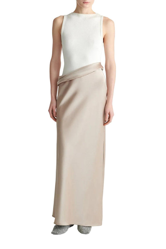 Nanushka-Cobee ribbed jersey and slip satin dress dune creme-dgallerystore