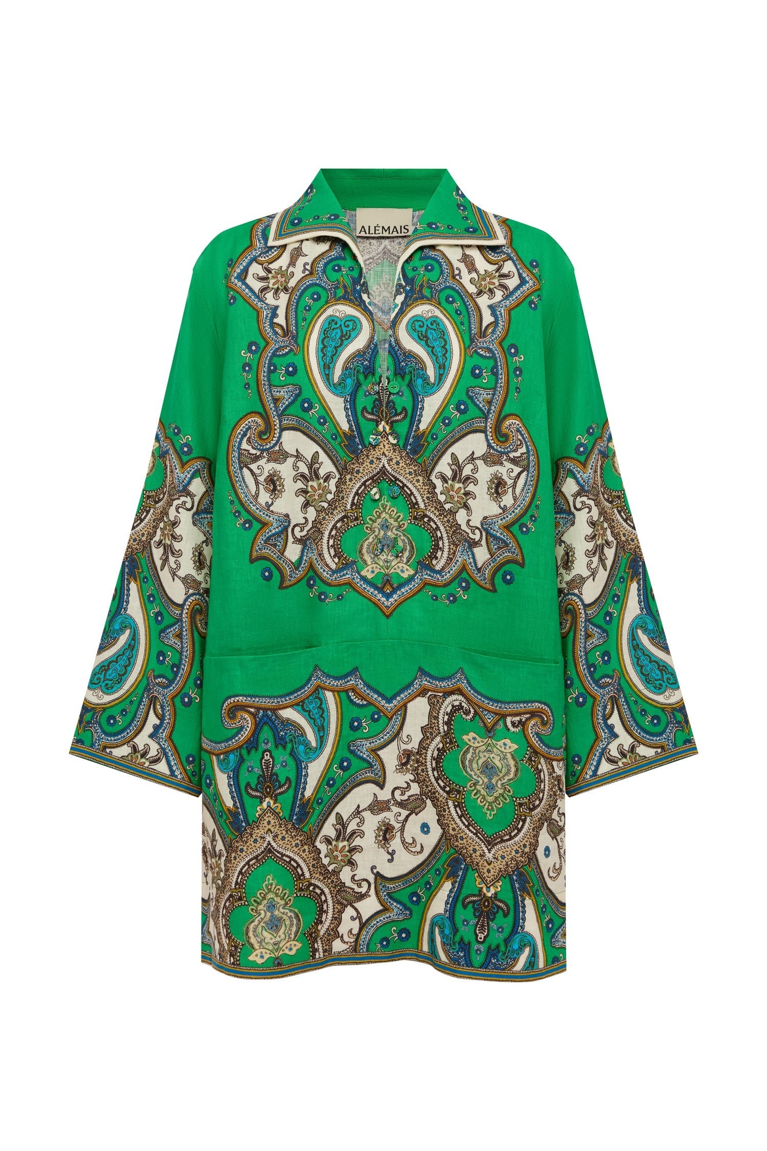 Alémais Porter Linen Mini Dress in Green Paisley 6 AU/UK (2 US)