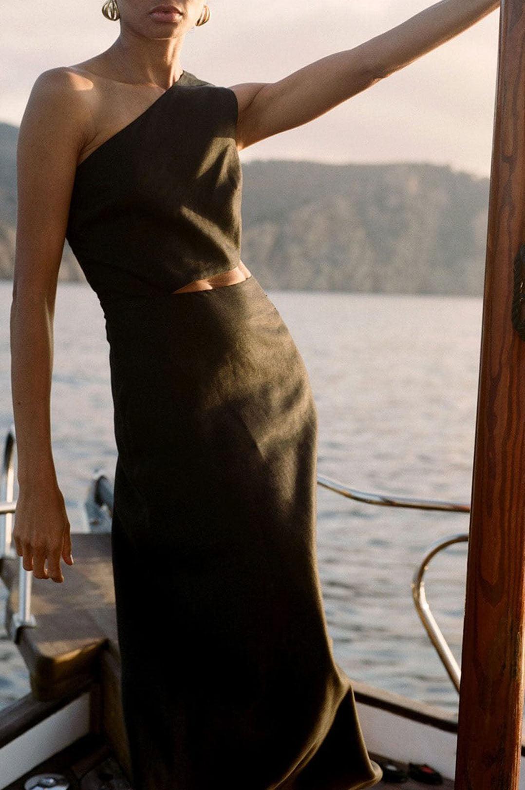 Arkitaip-Ava asymmetric maxi dress in black-dgallerystore