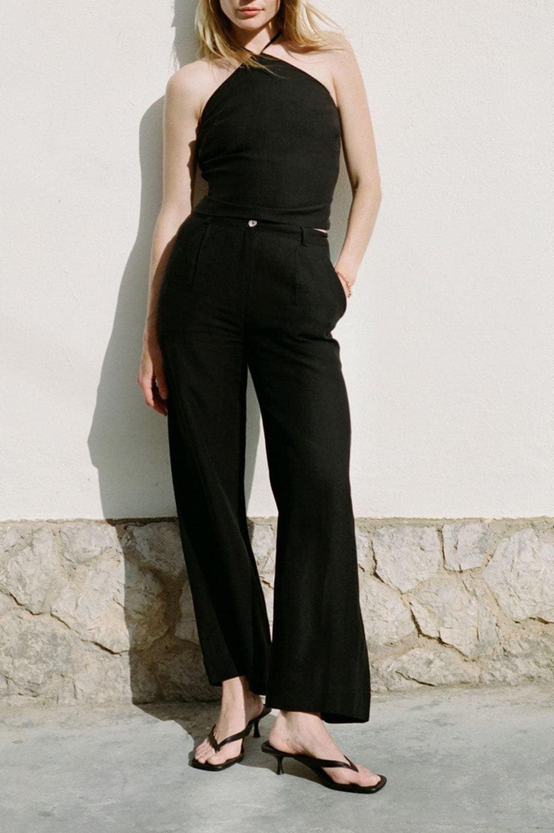 Arkitaip-The willow wide leg pleated linen trousers in black-dgallerystore