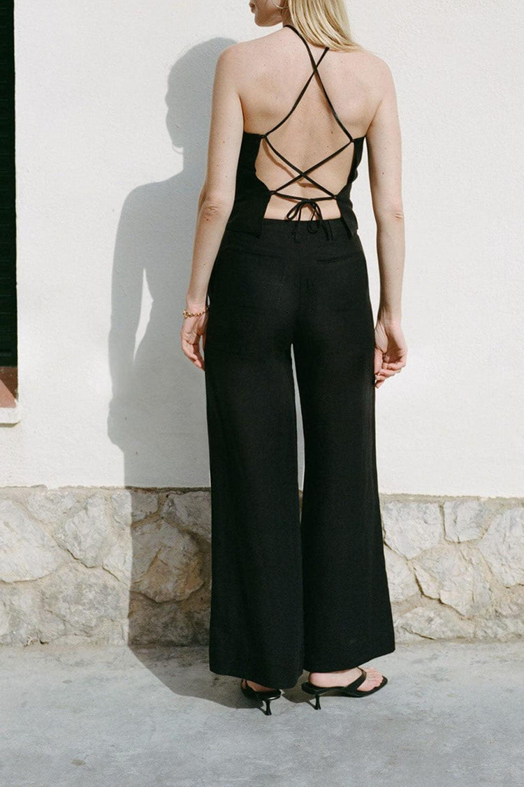 Arkitaip-The willow wide leg pleated linen trousers in black-dgallerystore