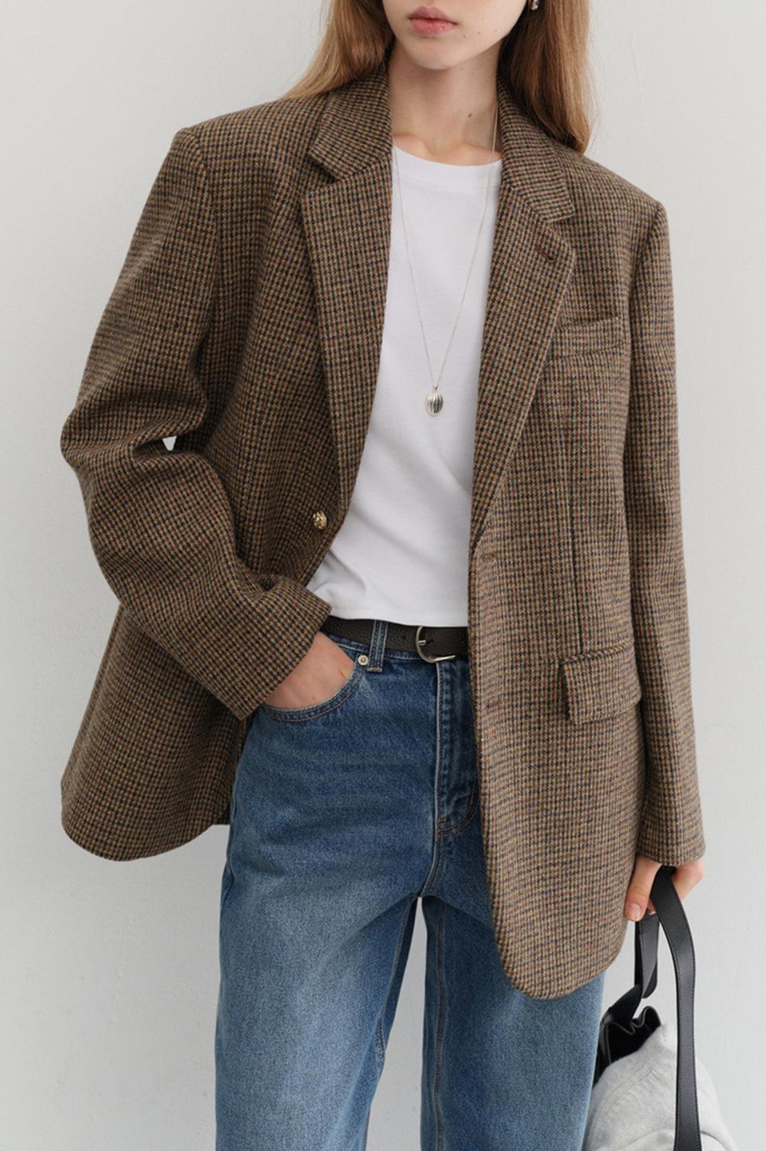 Dunst-Unisex classic 2 button wool blazer brown check-dgallerystore