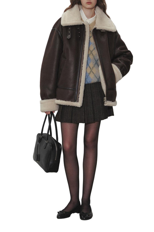 Dunst-Unisex loose fit line shearling jacket brown-dgallerystore
