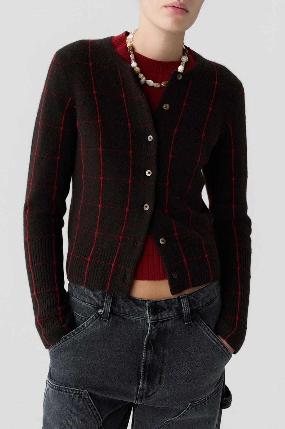 Guest In Residence-Jane checker cardigan burnt cocoa carmine-dgallerystore