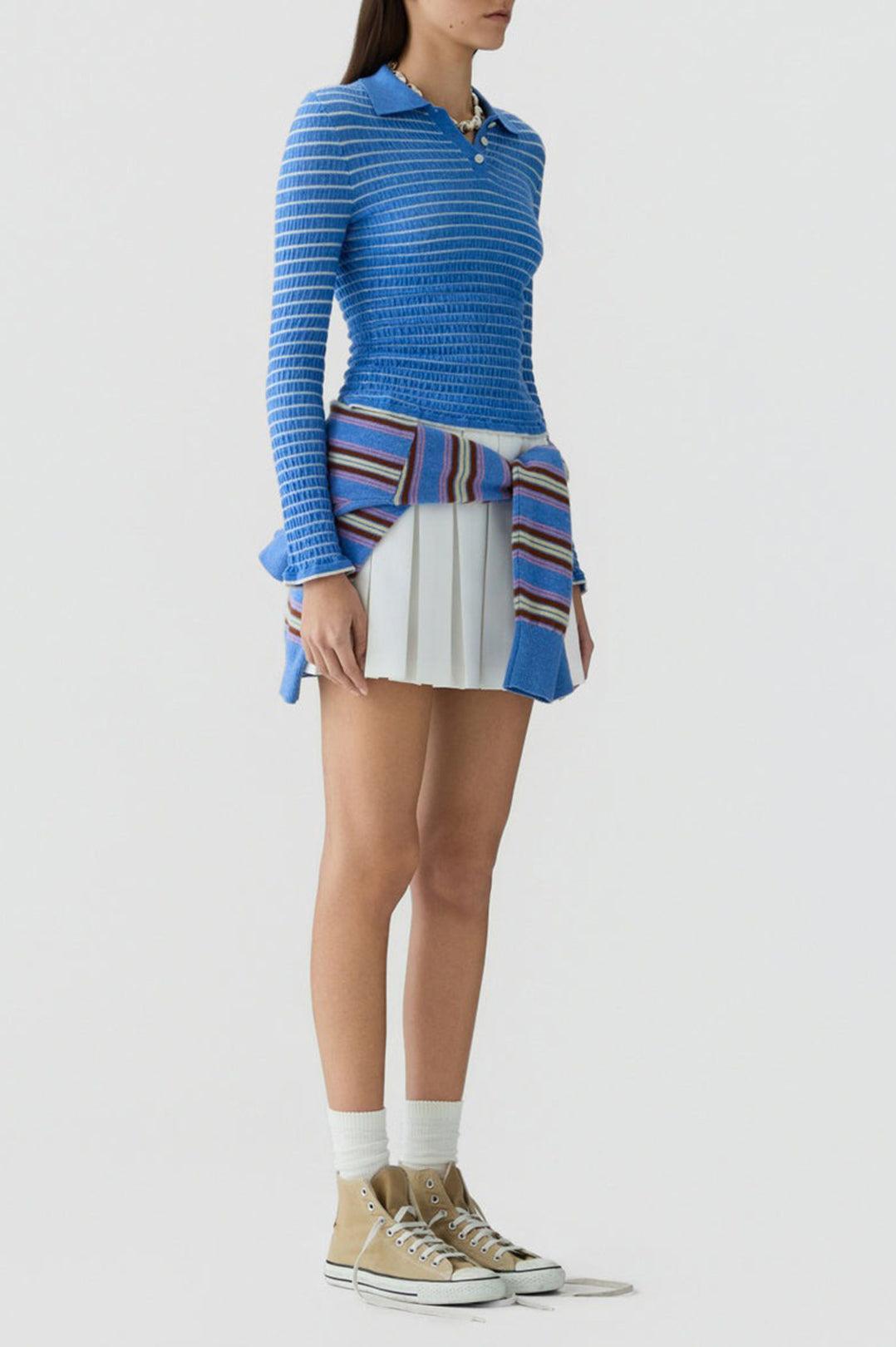 Guest In Residence-Smocked long sleeve shrunken polo delft blue cream-dgallerystore