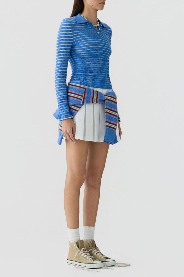 Guest In Residence-Smocked long sleeve shrunken polo delft blue cream-dgallerystore