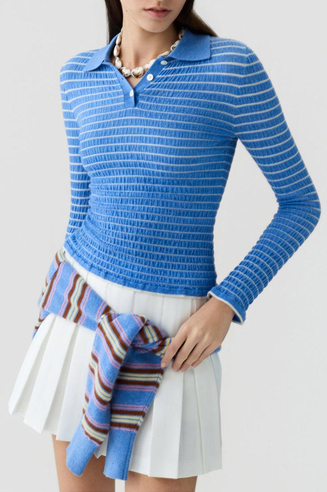 Guest In Residence-Smocked long sleeve shrunken polo delft blue cream-dgallerystore