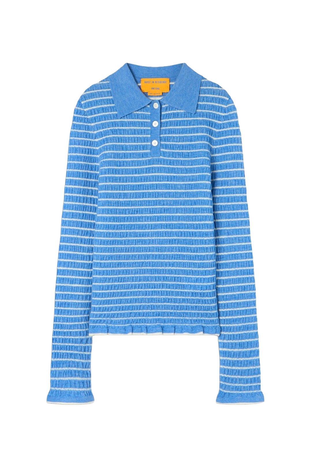 Guest In Residence-Smocked long sleeve shrunken polo delft blue cream-dgallerystore