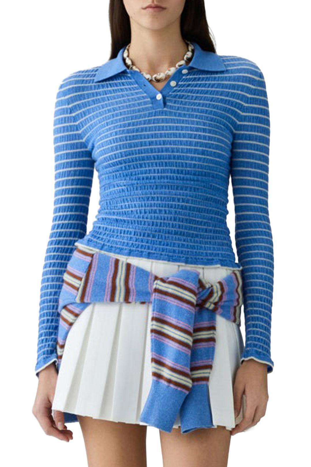 Guest In Residence-Smocked long sleeve shrunken polo delft blue cream-dgallerystore