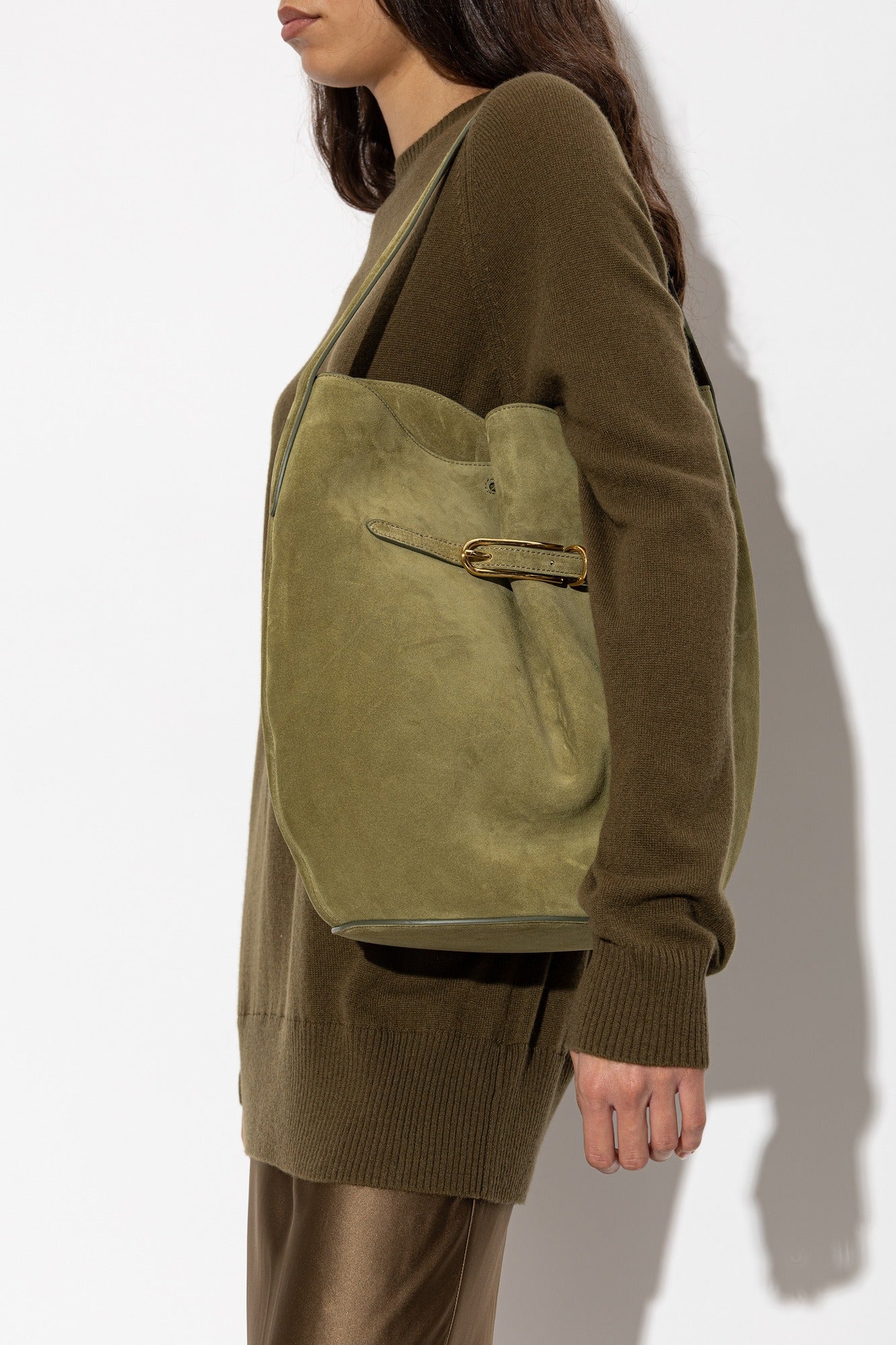 Liffner-Belted Bucket bag large army suede-dgallerystore
