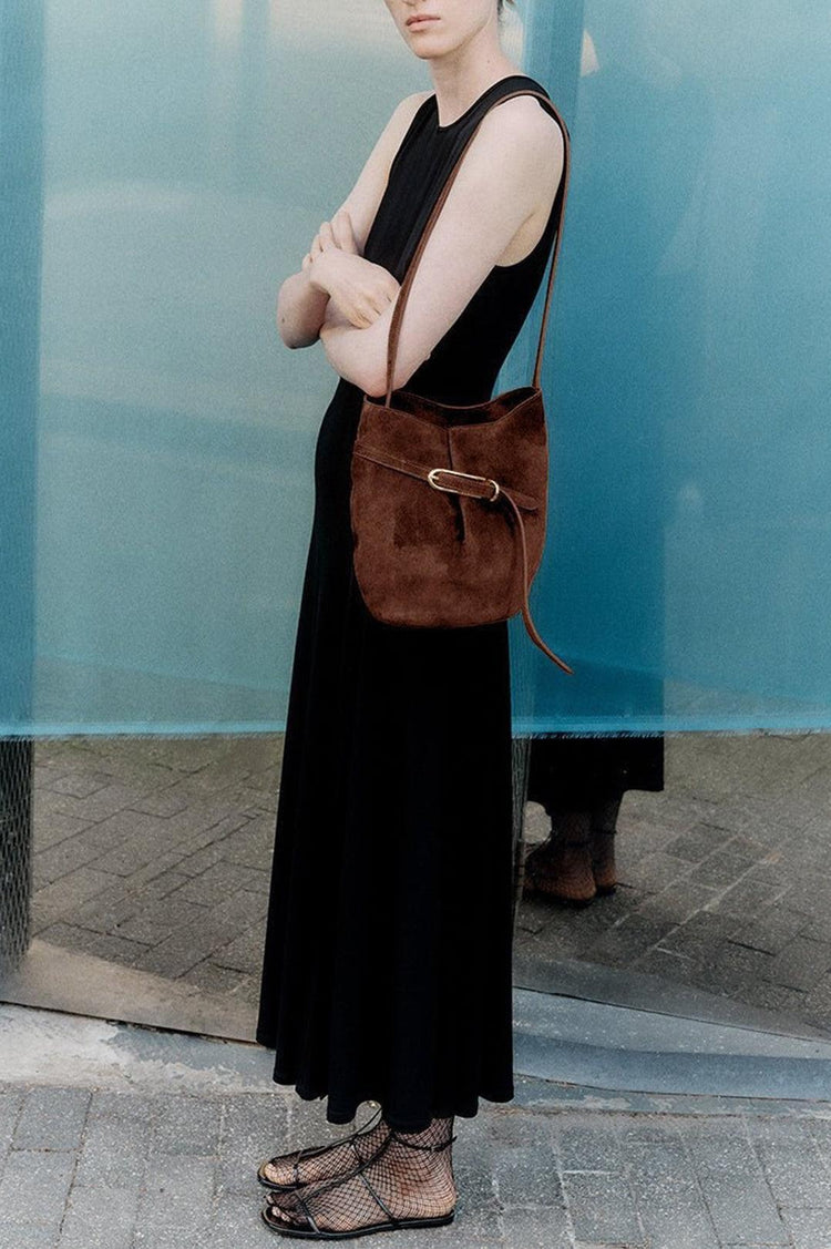 Liffner-Belted bucket bag dark brown suede-dgallerystore