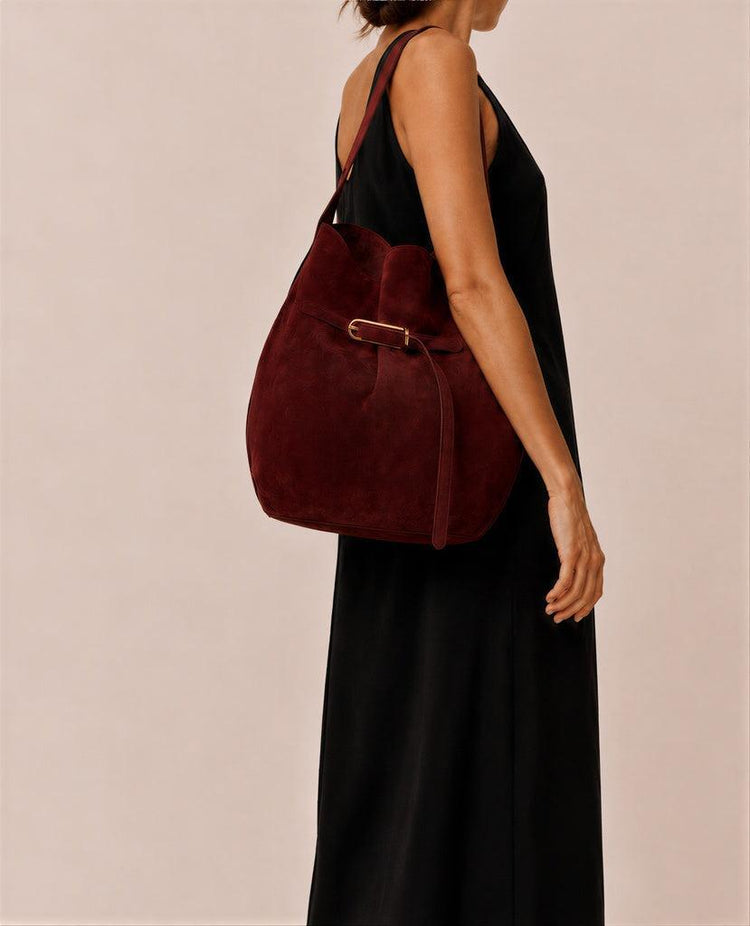 Liffner-Belted bucket bag large burgundy suede-dgallerystore
