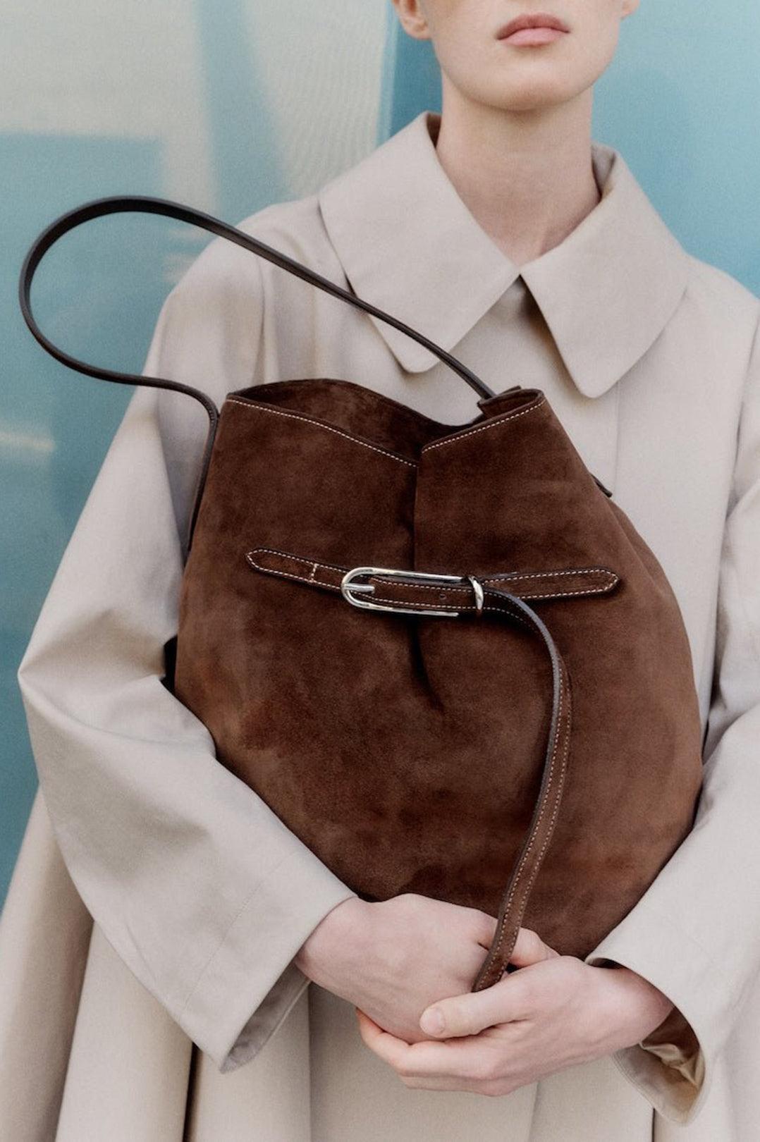 Liffner-Belted bucket bag large dark brown suede-dgallerystore