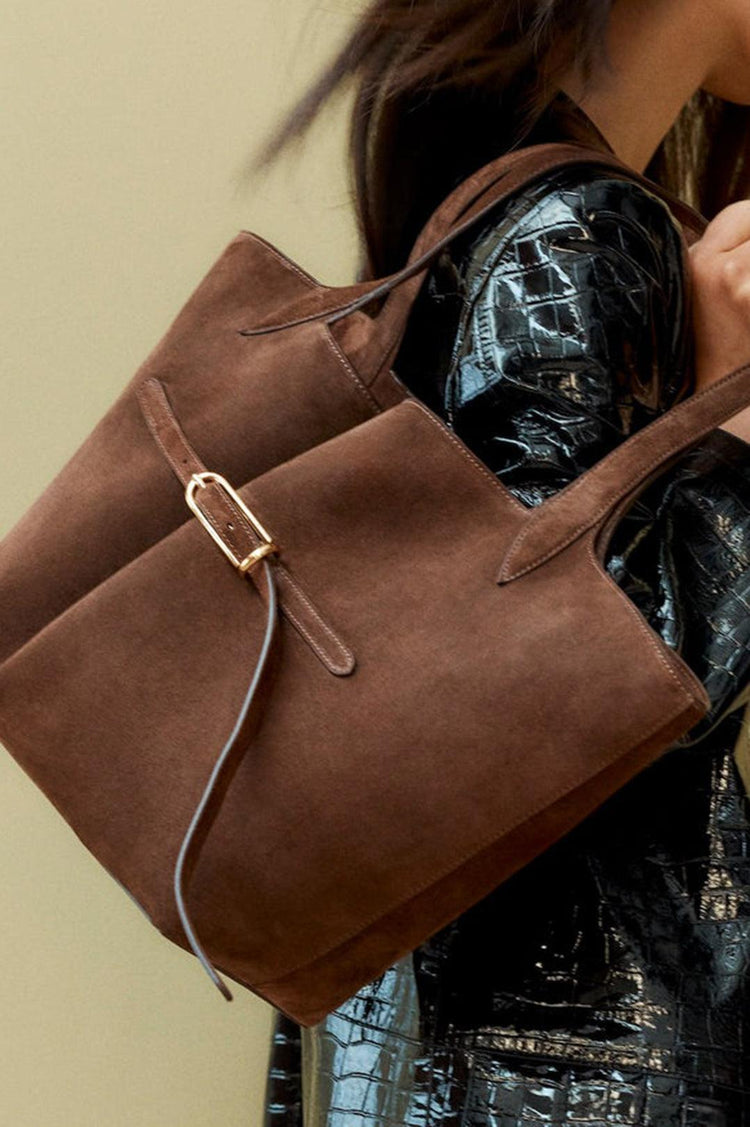 Liffner-Belted tote dark brown suede-dgallerystore