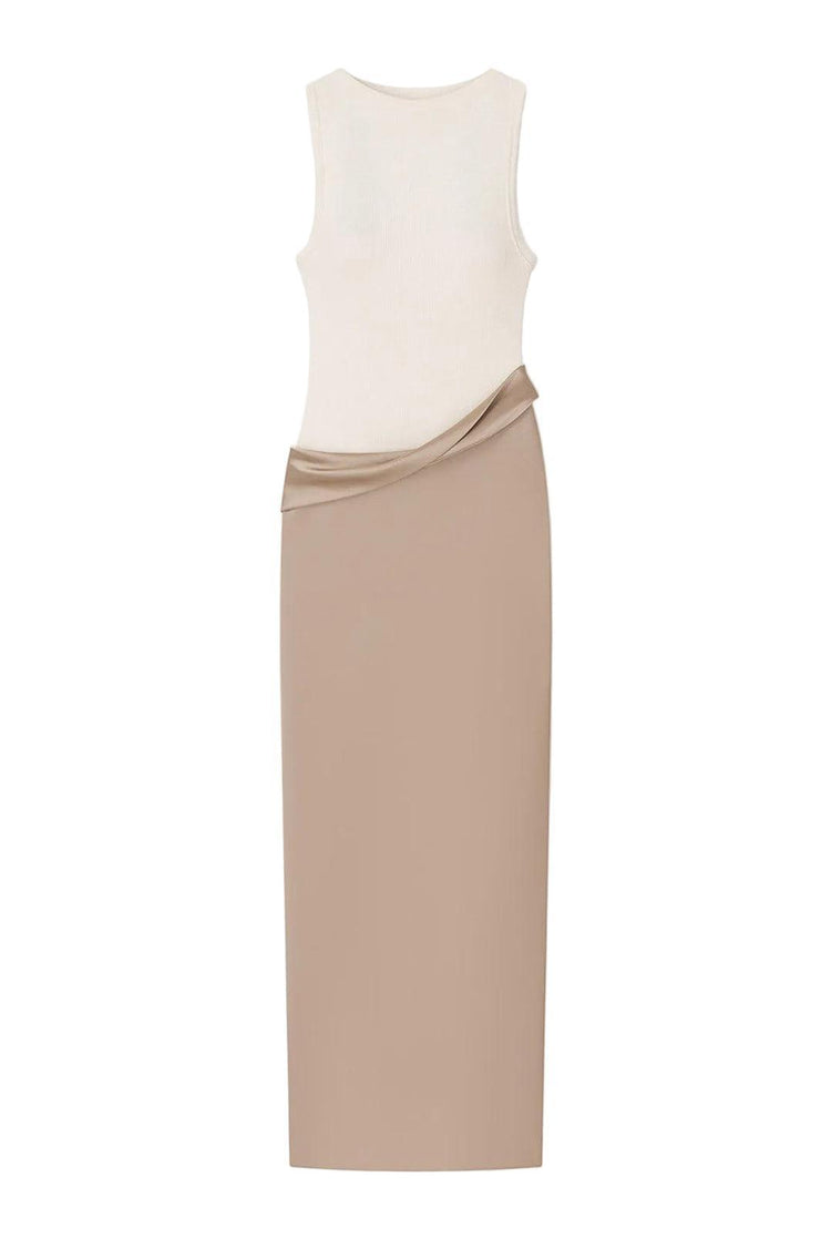 Nanushka-Cobee ribbed jersey and slip satin dress dune creme-dgallerystore