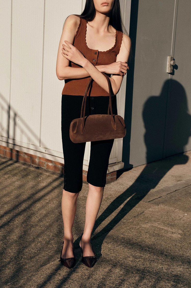 Yuzefi-Oyster Shoulder Bag Chocolate Suede-dgallerystore
