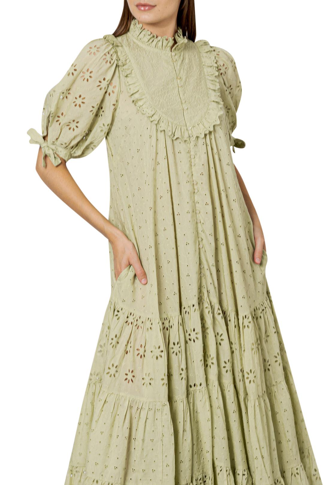 Broderie anglaise pleated long dress